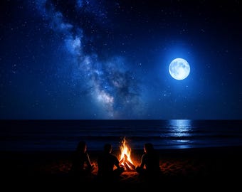 Digital Art, High Resolution 8K Image, Friends, campfire, Surreal NightSky Backdrop