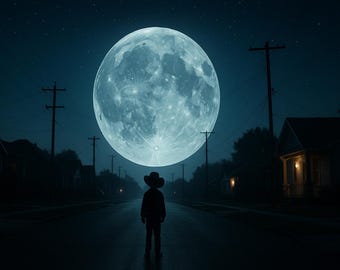 Young Wanderer Cowboy Wall Art | Child Silhouette Under Moon | Night Sky Printable | Cinematic Fantasy Decor | Digital Download 8.5x11