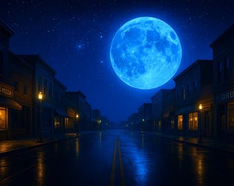 High Resolution Mystic Moon Overhead, City/Town Street Below in 8K