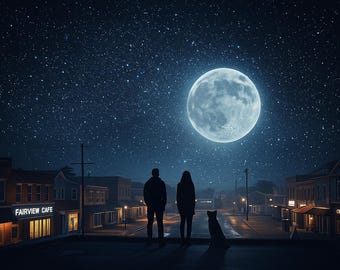 Starry Night Rooftop Wall Art Printable | Couple Under Moon Print | Cinematic Night Sky Decor | Urban Fantasy Art | Instant Digital Download