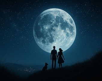 Romantic Moonlight Wall Art Printable | Couple Under Moon Print | Stargazing Night Sky Decor | Cinematic Digital Download | 8.5x11 Art