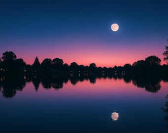 8K Sunset Lake Landscape with Full Moon – Ultra High Resolution Digital Download | Printable Night Sky Wall Art