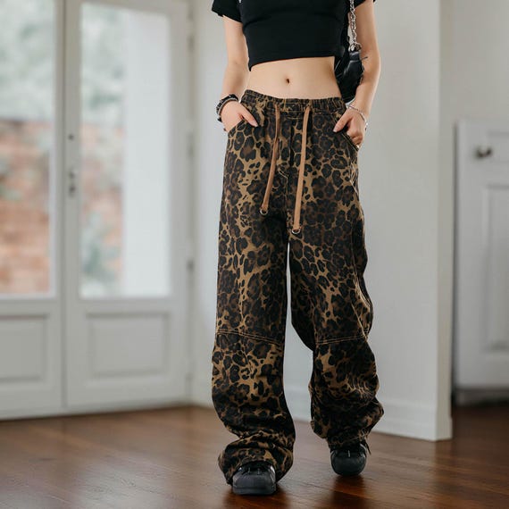 Leopard Print Cargo Pants: Women's High Waist Leopard Sweatpants, Comfortable Clothing