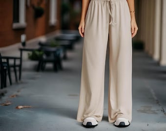 Pantalones deportivos anchos para mujer: pantalones de estar por casa con cordón y cintura elástica.