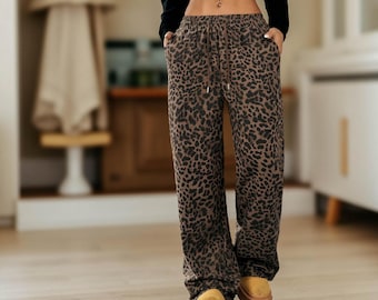 Pantalones anchos con estampado de leopardo: pantalones de estar por casa suaves y holgados para mujer, pantalones de leopardo de cintura alta.