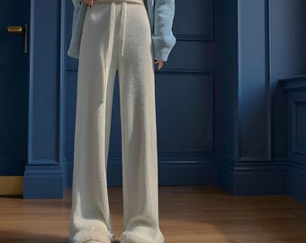 Pantalones anchos de punto acogedores: pantalones de estar por casa con cintura alta y forro polar, ropa cómoda para mujer