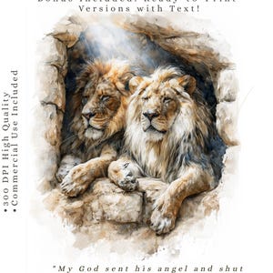 May include: A watercolour illustration of two lions resting inside a stone cave. The text reads: Prophets & Messianic Visions Watercolour Sketch Set, 12 JPG/PNG Transparent BG, Bonus Included: Ready-to-Print Versions with Text!, 300 DPI High Quality, Commercial Use Included, "My God sent his angel and shut the lions' mouths." Daniel 6:22.