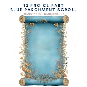 May include: A blue parchment scroll with gold accents and floral embellishments. The scroll is decorated with flowers and vines in shades of gold and peach. The text "12 PNG Clipart Blue Parchment Scroll Transparent Background" is displayed at the top.