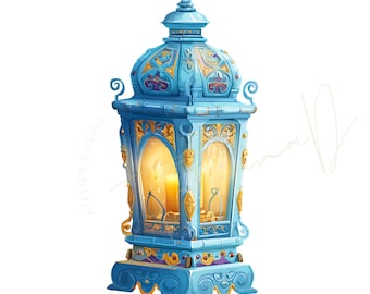 12 imagens PNG de lanternas azuis, lanterna marroquina vintage, lâmpada árabe oriental, lanternas ornamentadas de Ramadã em PNG, imagens em aquarela para diário de arte.