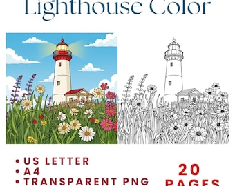Lighthouse Coloring Pages, Coastal Scenery Printable, Ocean Beach Line Art, Nautical Adult Coloring, Sea View Gift, Instant Download PDF