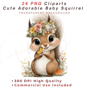 May include: A digital illustration of a cute baby squirrel wearing a floral crown and holding a yellow butterfly. The squirrel has large, expressive eyes and is surrounded by flowers and foliage. Text at the top reads "24 PNG Cliparts Cute Adorable Baby Squirrel".