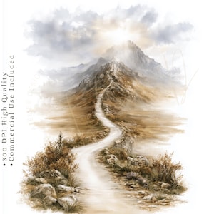 Può includere: Uno schizzo ad acquerello intitolato Walk of Faith Landscapes che mostra un sentiero tortuoso che conduce verso una vetta di montagna sotto un cielo nuvoloso. Il testo include 12 JPG/PNG Transparent BG, 300 DPI High Quality, Commercial Use Included e The Narrow Path.