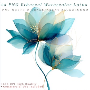 Eterisk akvarell alkohollotus Clipart, guldblommig PNG-paket, bröllopsinbjudningsgrafik, digital lotusblomma, transparent bakgrund