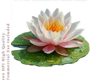Water Lily Clipart PNG, White Water Lilies, Lily Pad Clipart, Realistic Lotus Flower, Digital Floral PNG, Commercial Use Journal Supplies