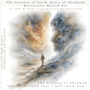 Clipart aquarelle du voyage de la foi d'Abraham, histoire biblique PNG, art de l'écriture sainte des pères des nations, graphisme chrétien de l'Ancien Testament numérique