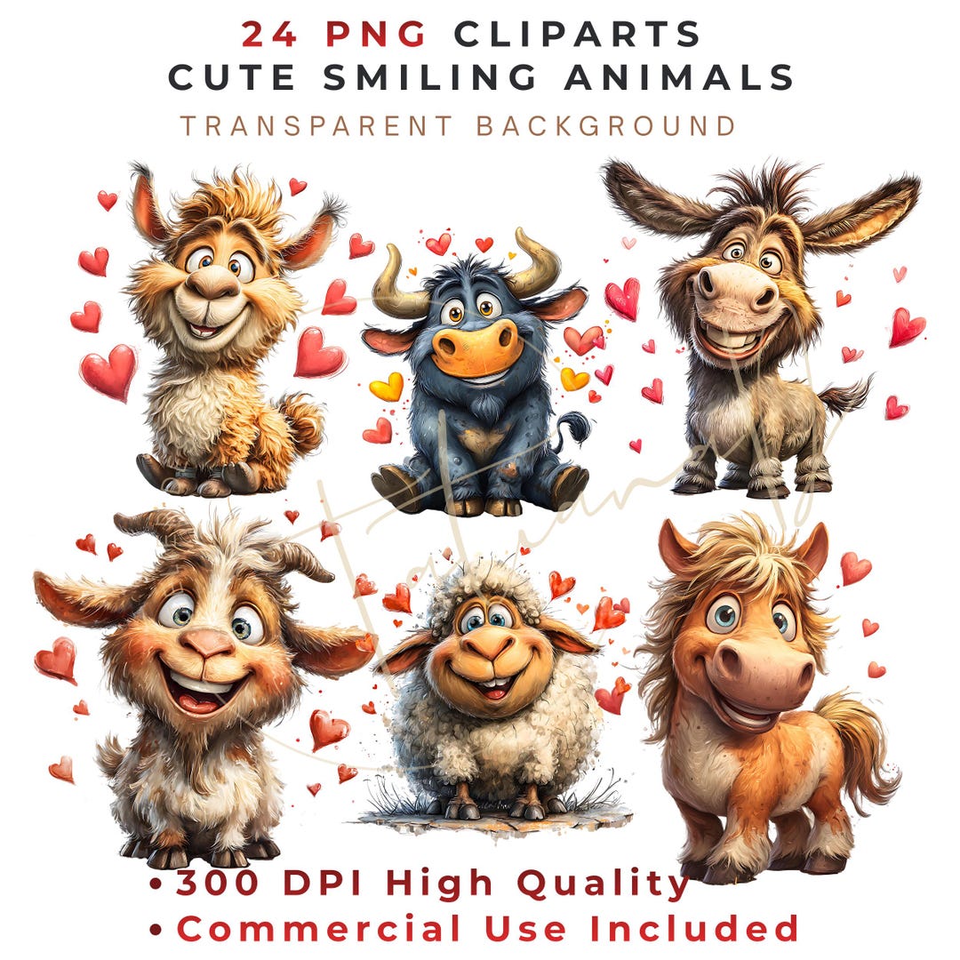 24 PNG/JPG Cute Smiling Animals Clipart, Valentine's Card, Watercolor ...