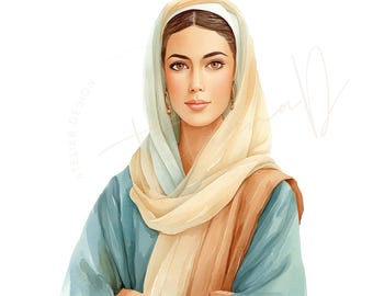 Mujeres del Antiguo Testamento PNG, imágenes prediseñadas de mujeres bíblicas en acuarela, conjunto de retratos de mujeres de la Biblia, Ester, Rut y Débora, escuela dominical, descarga digital