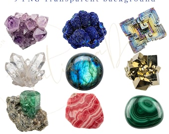 Imágenes PNG de cristales raros, imágenes prediseñadas de piedras preciosas realistas, gráficos de especímenes minerales, sublimación de cristales en acuarela, imágenes prediseñadas de geodas, uso comercial.