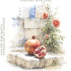 Może przedstawiać: Akwarelowa ilustracja zatytułowana Fruits of the Spirit Watercolor Sketch Set, przedstawiająca cały i przekrojony owoc granatu na kamiennych stopniach obok krzewu pnącej róży z pomarańczowymi kwiatami. Tekst zawiera napis Love (Agape) oraz szczegóły.