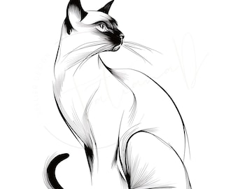 Siamese kat JPG/PNG-clipart, elegante aquarel kat illustraties voor Junk Journal, minimalistische huisdier kunst digitale download, esthetische kat graphics