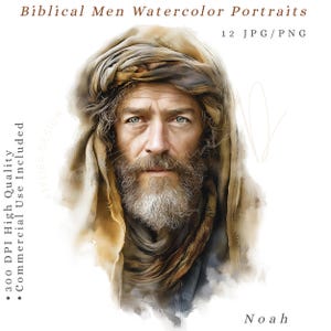 Peut inclure: Portrait à l'aquarelle d'un homme barbu aux yeux bleus, portant une coiffe. L'image est intitulée "Biblical Men Watercolor Portraits" et comprend le nom "Noah". Image de haute qualité pour usage commercial.