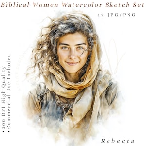 May include: Watercolor sketch set featuring a portrait of a woman named Rebecca. The image showcases a woman with curly hair, wearing a head covering and a light-colored garment. The text indicates the set includes 12 JPG/PNG files with commercial use rights.