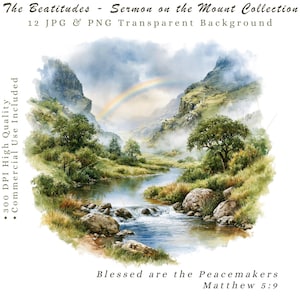 Può includere: Una collezione di arte digitale intitolata The Beatitudes - Sermon on the Mount Collection che include 12 file JPG e PNG. L'immagine centrale è un paesaggio ad acquerello di un fiume che scorre attraverso una valle con montagne e un arcobaleno.