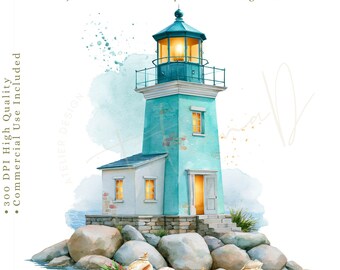 43 Watercolor Lighthouse Clipart PNG, Coastal Lighthouse Graphics, Nautical Sublimation Designs, Sea Beach Lighthouse Junk Journal Images