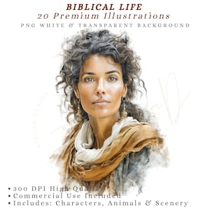 May include: Watercolor illustration of a woman with curly brown hair, wearing a scarf and earrings. The image includes text that reads "BIBLICAL LIFE" and "20 Premium Illustrations". The image is on a white background.