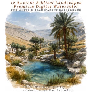 May include: A watercolour painting depicting a tranquil landscape with a blue pond, palm trees, and rolling hills. The image includes text that reads "12 Ancient Biblical Landscapes Premium Digital Watercolor PNG White & Transparent Background".