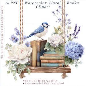May include: Watercolor floral clipart featuring a blue bird perched on a stack of books. The image includes white peonies, blue hydrangeas, and lavender sprigs. The text at the top reads "Watercolor Floral Books Clipart".