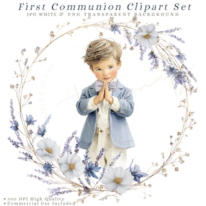Op de afbeelding: Een digitale illustratie van een jongen in een lichtblauw pak en een vlinderdas, met de handen gevouwen in gebed. De jongen is omringd door een bloemenkrans met witte en blauwe bloemen. Bovenin staat de tekst "First Communion Clipart Set".