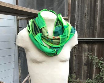 Upcycled green patchwork scarf