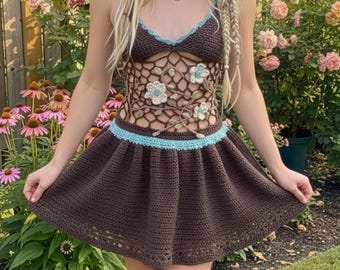 Handmade Crochet Butterfly Top and Skirt Set Festival Outfit