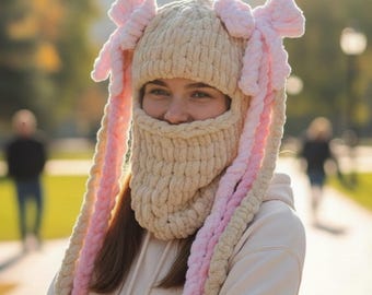 Chunky Knit Pigtail Balaclava, Kawaii Cosplay Ski Mask with Bows