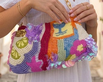 Colorful Beaded Shoulder Bag, Mermaidcore Sequin Handbag, Maximalist Summer Purse