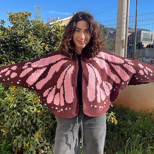 Può includere: Un cardigan all'uncinetto con un motivo ad ali di farfalla in marrone scuro e rosa chiaro. Il capo presenta un'apertura frontale, maniche larghe e un orlo arrotondato, con il disegno delle ali che si estende sul retro e sui pannelli frontali.