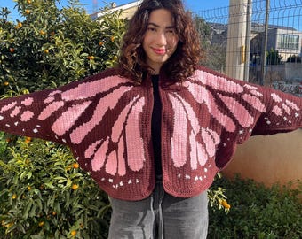 Handmade Crochet Monarch Butterfly Cardigan Fairycore Wing Shrug Festival Jacket Orange Pink Moth Bolero Boho Rave Outfit