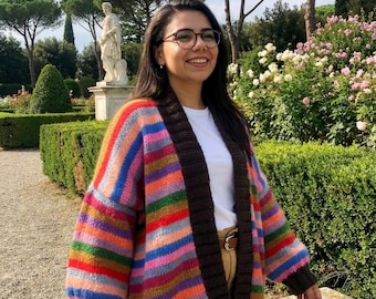 Handmade Rainbow Striped Cardigan Oversized Chunky Knit Sweater Balloon Sleeve Colorful Winter Jacket Dopamine Dressing Gift