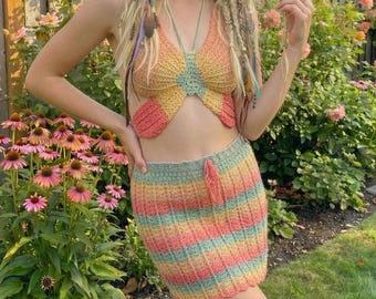 Handmade Crochet Butterfly Top and Skirt Set Festival Outfit