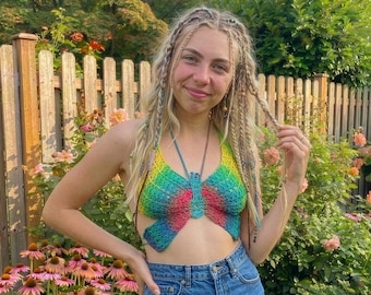 Handmade Crochet Butterfly Crop Top Rainbow Halter Top Boho Festival Shirt Y2K Summer Bralette Hippie Rave Outfit