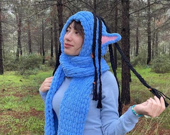 Avatar Na'vi Cosplay Hooded Scarf, Blue Alien Balaclava with Ears & Braids, Neytiri Inspired Halloween Costume, Plush Winter Hat