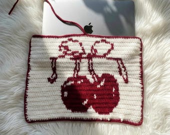 Handmade Crochet Cherry Laptop Sleeve Coquette MacBook Case Cottagecore Tablet Cover Cute iPad Pouch Y2K Tech Accessory Gift