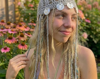 Handmade Crochet Festival Hat Gray Boho Headpiece Shell Charms Braided Tassels Hippie Beanie Rave Summer Hair Accessory