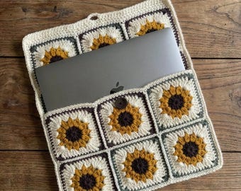 Handmade Crochet Sunflower Laptop Sleeve MacBook Air Pro Case iPad Pouch Granny Square Book Cover Cottagecore Tech Accessory