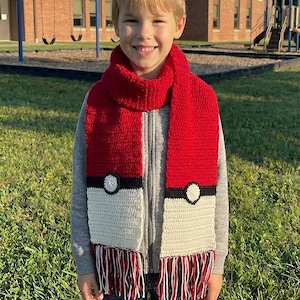 Handmade Pokéball Crochet Scarf, Kids & Adults, Pokémon Inspired Gift,Red White Winter Scarf, Ready to Ship,Fast DDP Delivery