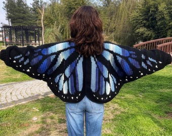 Handmade Knit Blue & Dark Blue Butterfly Cardigan - (Special Project)