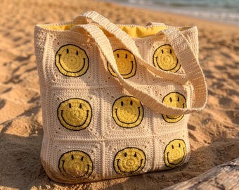 Crochet Smile Emoji Tote Bag, Emoji Beach Handbag, Boho Granny Square Purse