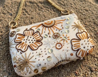 Beige Beaded Shoulder Bag, Boho Floral Sequin Handbag, Summer Vacation Purse