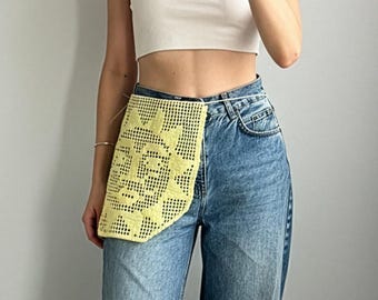 Handmade Crochet Apron Belt Filet Lace Waist Wrap Sun Rose Deer Pattern Y2K Layering Skirt Accessory Festival Boho Gift